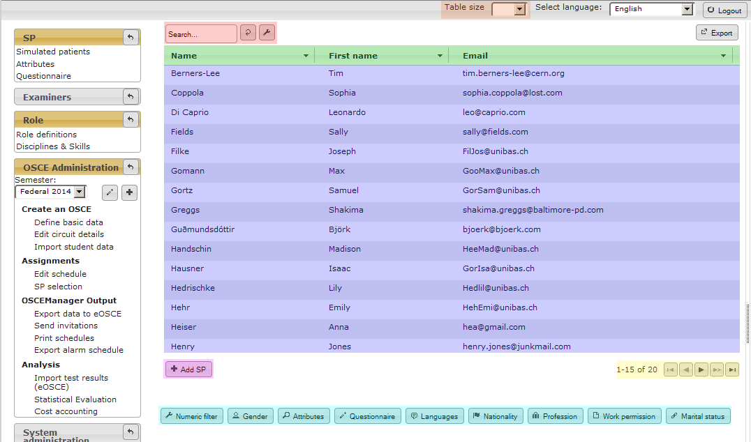 2-1: The SP database table with the quick search field (red), column bar (green), the tables contents (blue), the "Add SP"-button (pink), the pager (yellow) and the advanced filters (turquoise).