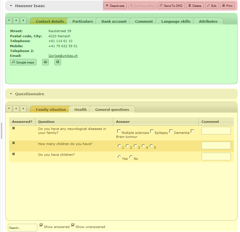 2-10: The SP details view with the general controls highlighted in red, the details tabs highlighted in green and the questionnaire highlighted in yellow.