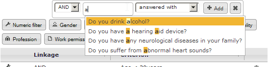 2-7: The questionnaire filter after entering a letter in the suggestive search field, showing matching suggestions