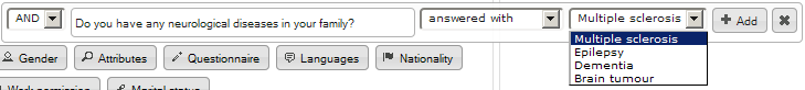 2-8: The questionnaire filter after selecting a multiple choice question, showing the possible answers in a drop-down menu