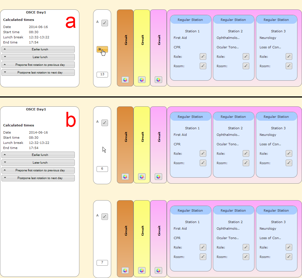 Splitting an OSCE day into two sequences by clicking the scissors button. (1) shows the click of the button; (2) shows the result.