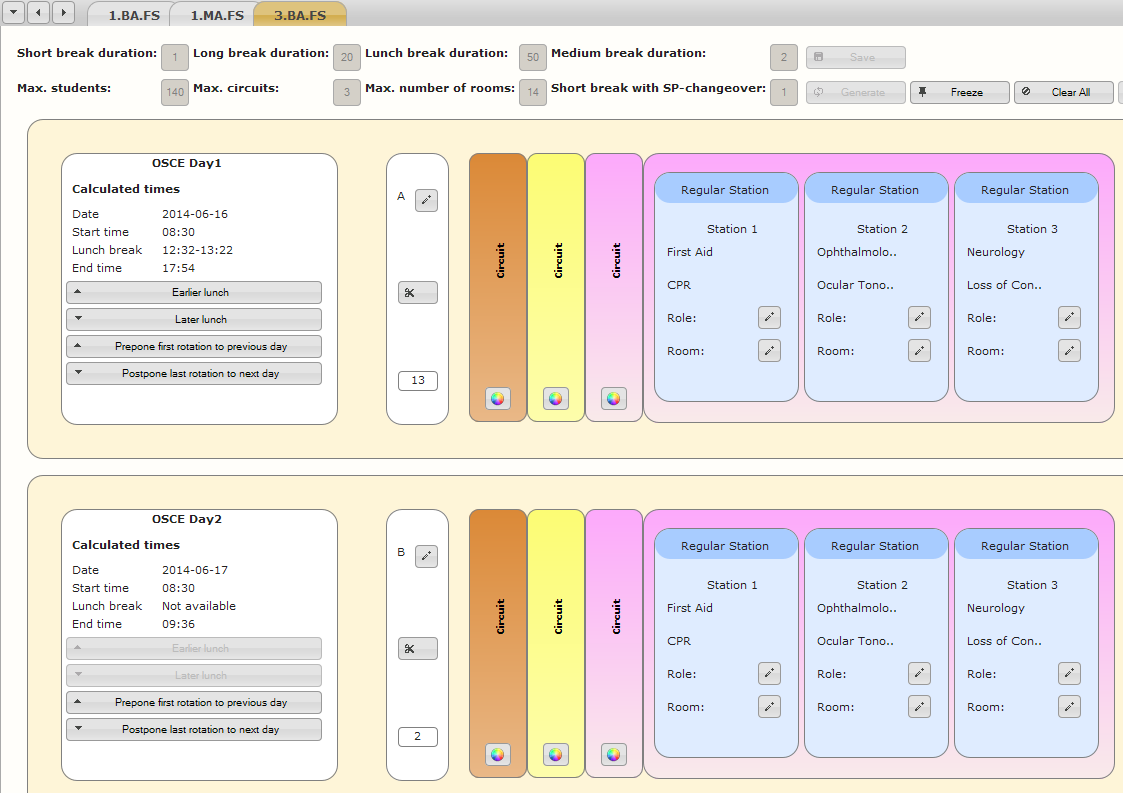 The generated circuits for the OSCE. Note that three circuits have been created and split in two days, because the number of students and all the timing constraints did not allow for an OSCE taking place in a single day.