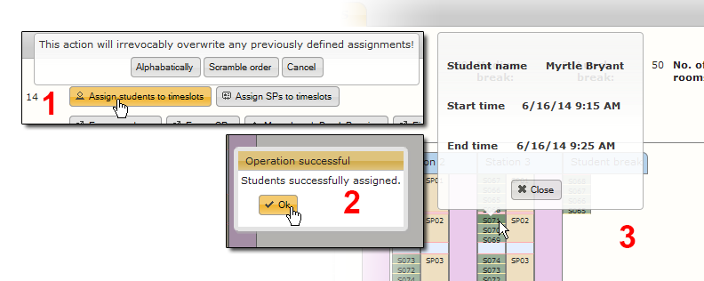Assigning students, by clicking the appropriate button (1) and choosing either scramble or alphabetically. You will be notified of success or failure (2) and by clicking a green student timeslot you can see if there is a students name there (3)