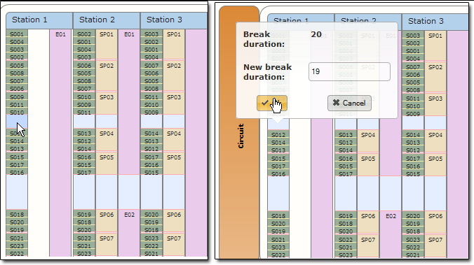 Changing the duration of a break by left clicking on the break in the student column.