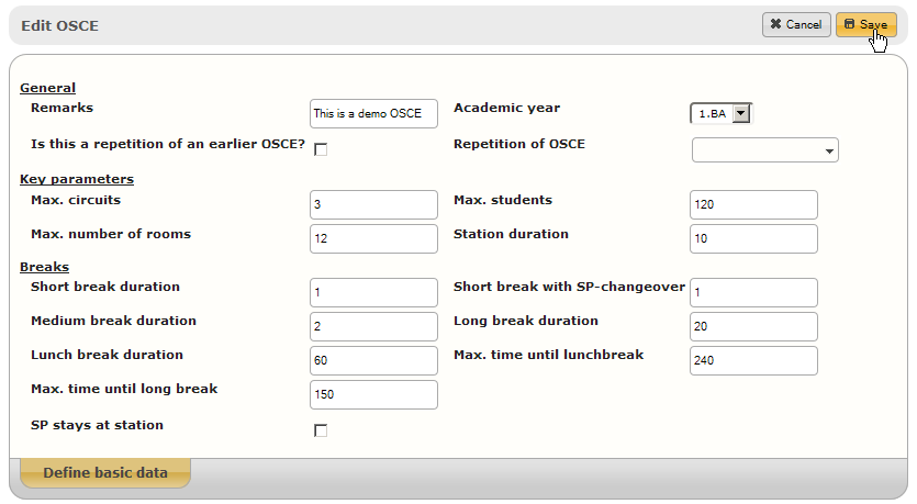 Form for defining the OSCEs basic data