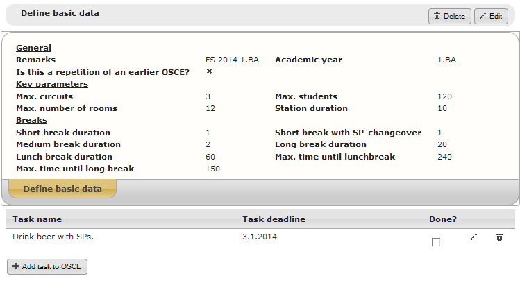 Screenshot of the OSCEs details after creation as well as the task list.