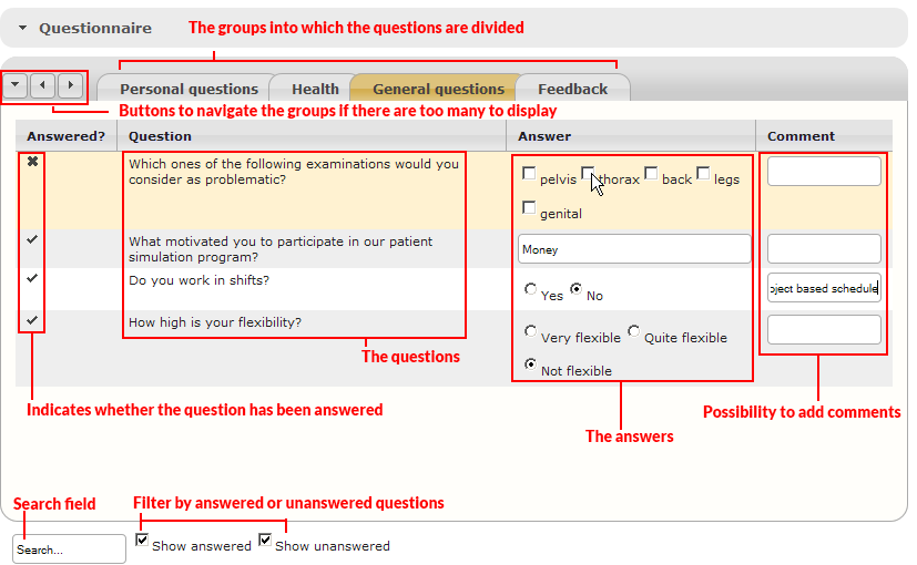 The questionnaire part of the SP details view with the questions grouped.