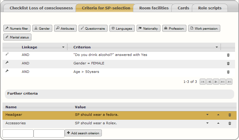 The criteria view with the currently selected criteria. The criteria enforced by the OSCE Manager are seen in the top table whereas the manually enforced criteria are seen in the bottom table.