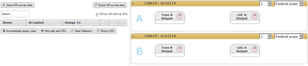 Screencap of the SP selection view as it may look initially. This shows an OSCE that takes place on two consecutive days and only has two stations on each day.