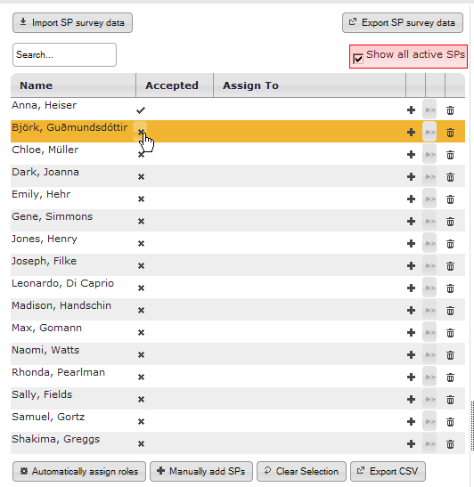 Manually setting SPs to have the OSCE days accepted by first checking the Show all active SPs box (marked red) and then clicking the appropriate button in the Accepted column*.